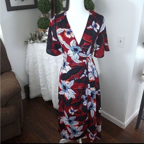 JAPNA BURGUNDY, NAVY, BLUE, & WHITE FLORAL WRAP DRESS SZ.XS EUC - Picture 2 of 8
